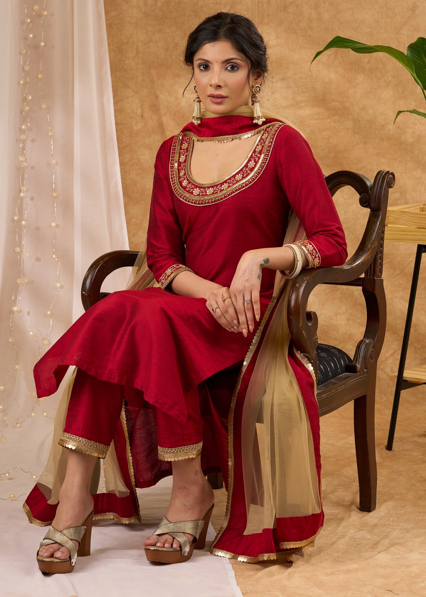 Graceful hand embroidered maroon cotton silk kurta Pant Optional