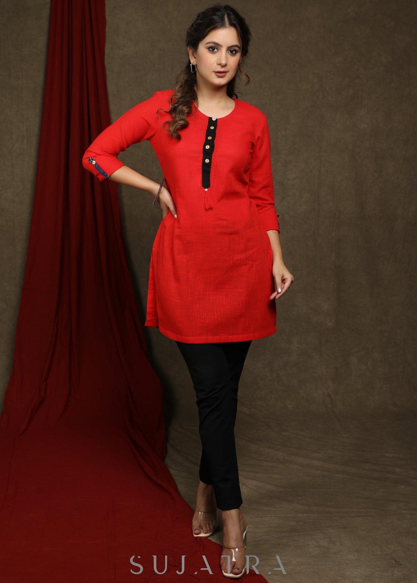 Trendy Red cotton tunic - Indigo shrug Optional