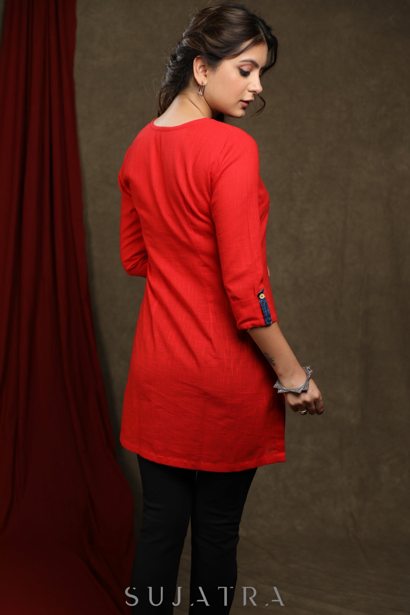 Trendy Red cotton tunic - Indigo shrug Optional