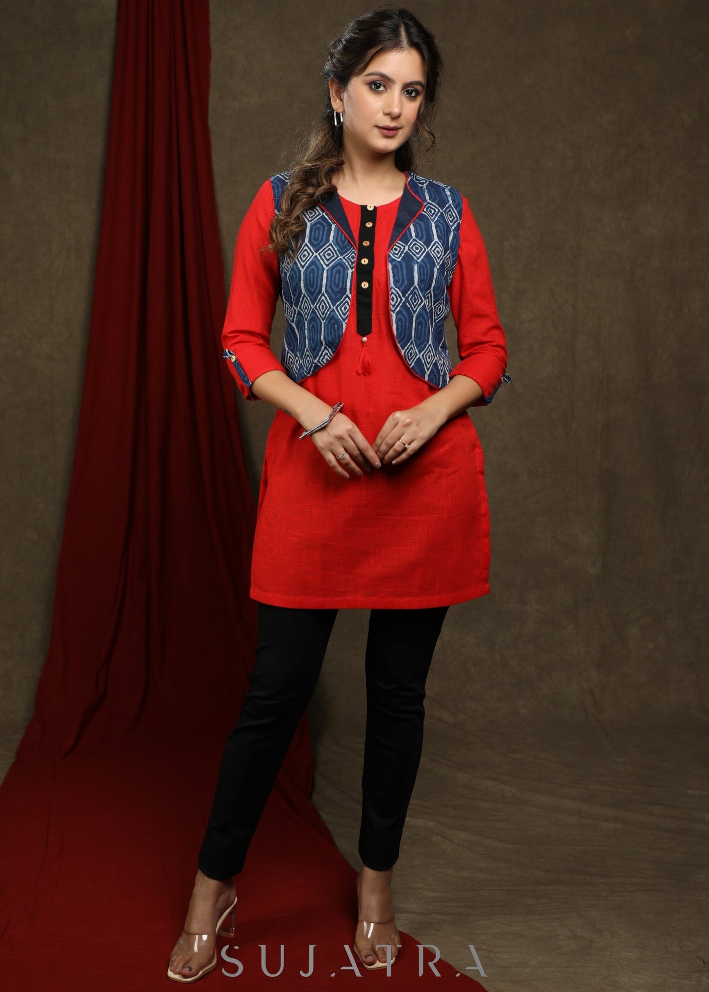 Trendy Red cotton tunic - Indigo shrug Optional