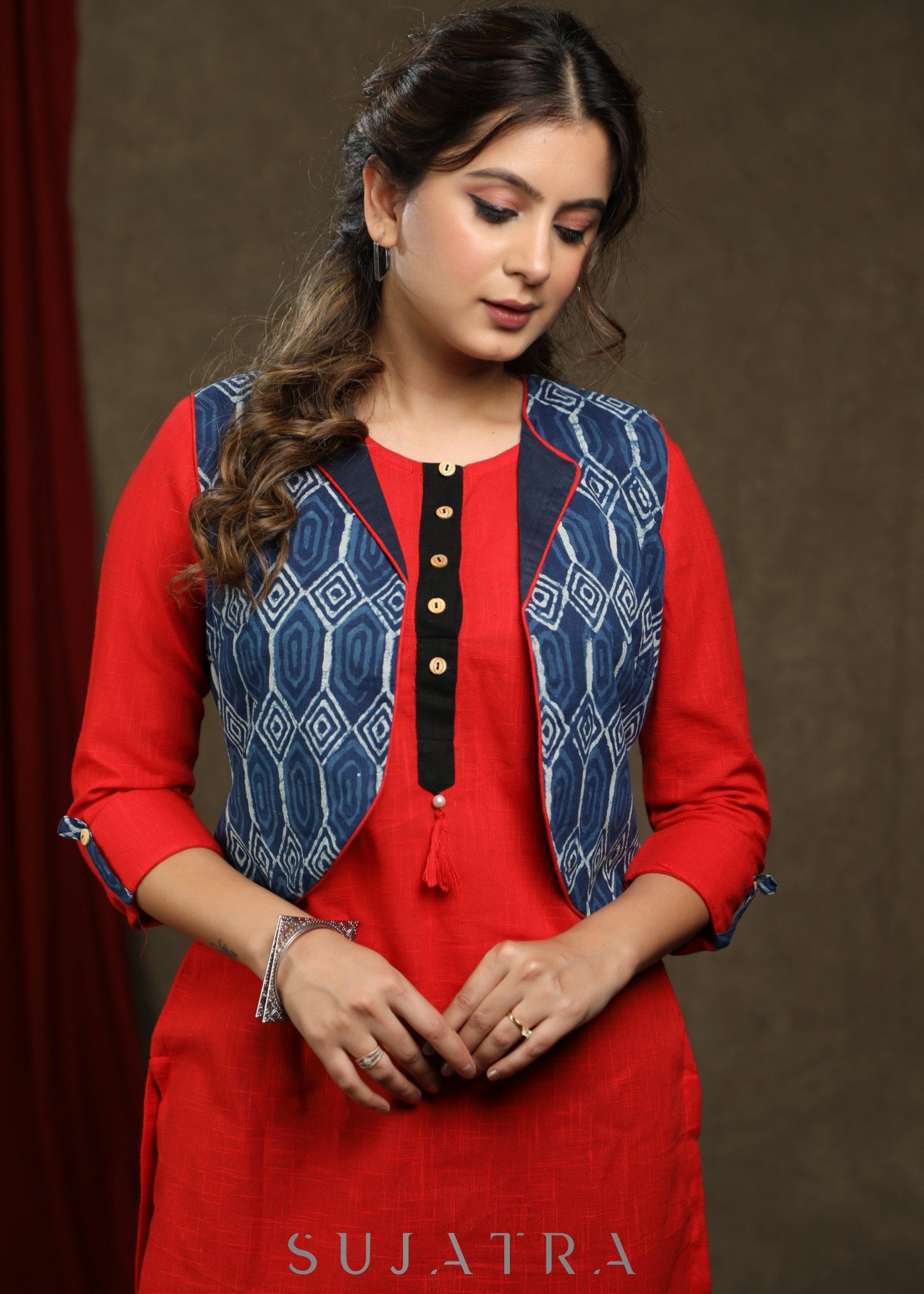 Trendy Red cotton tunic - Indigo shrug Optional