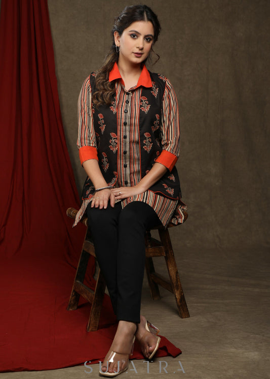 Smart Striped cotton shirt tunic - Ajrakh floral jacket Optional