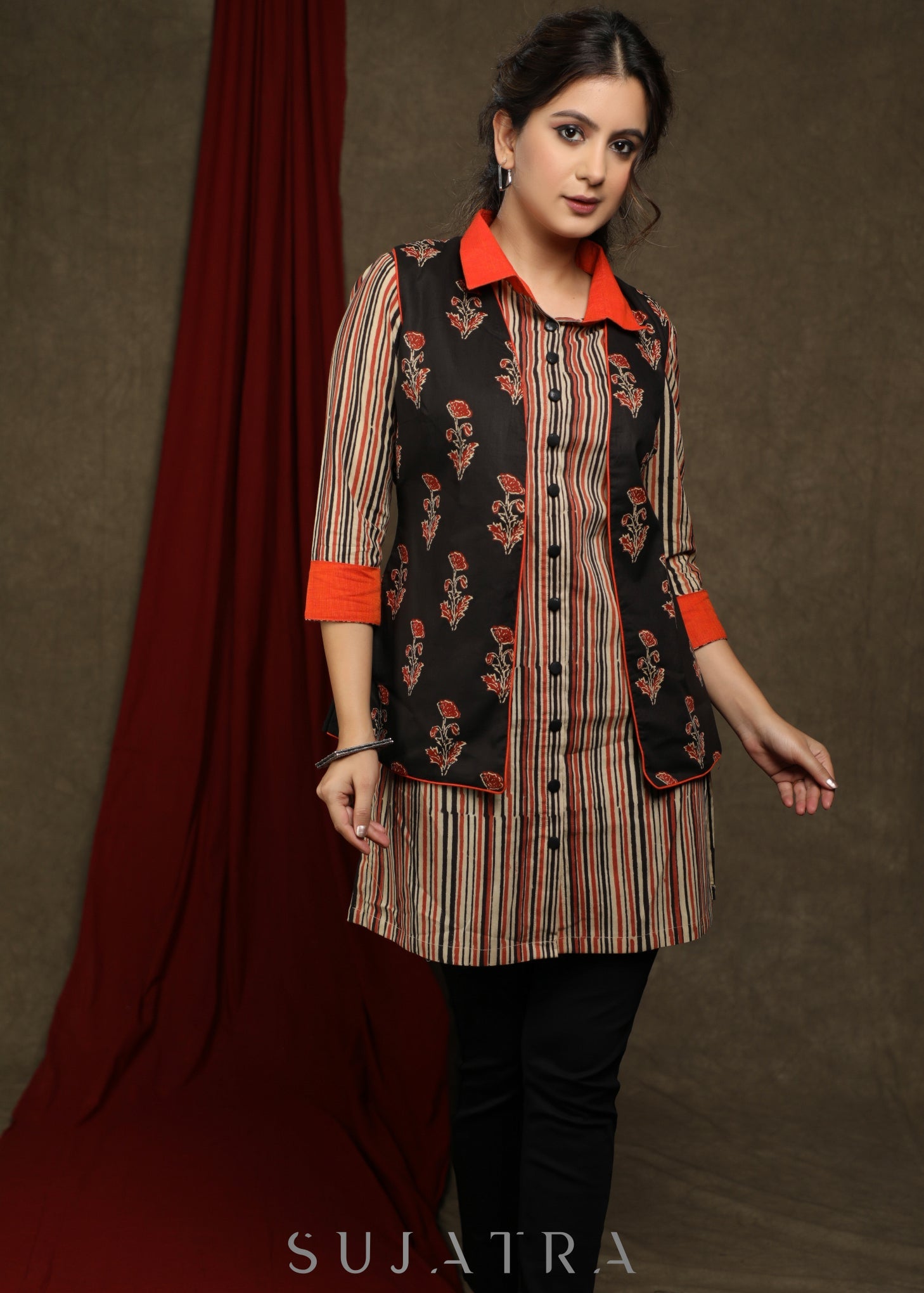 Smart Striped cotton shirt tunic - Ajrakh floral jacket Optional