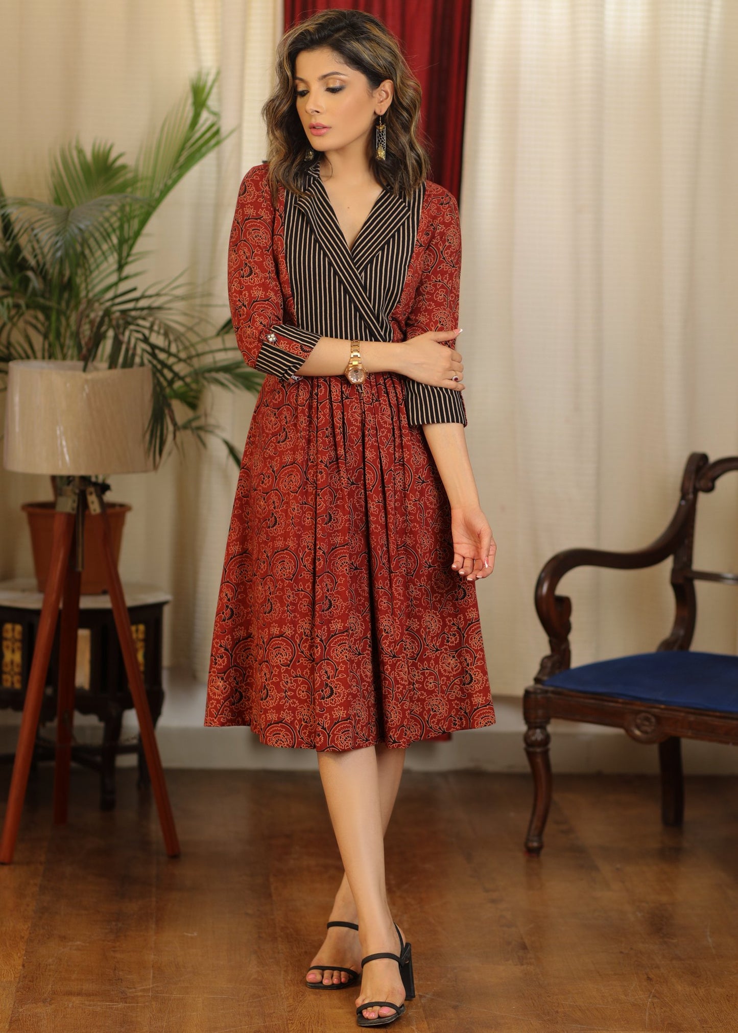 Maroon ajrakh with stripes combination collared dress with coin embellishment