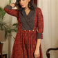 Maroon ajrakh with stripes combination collared dress with coin embellishment