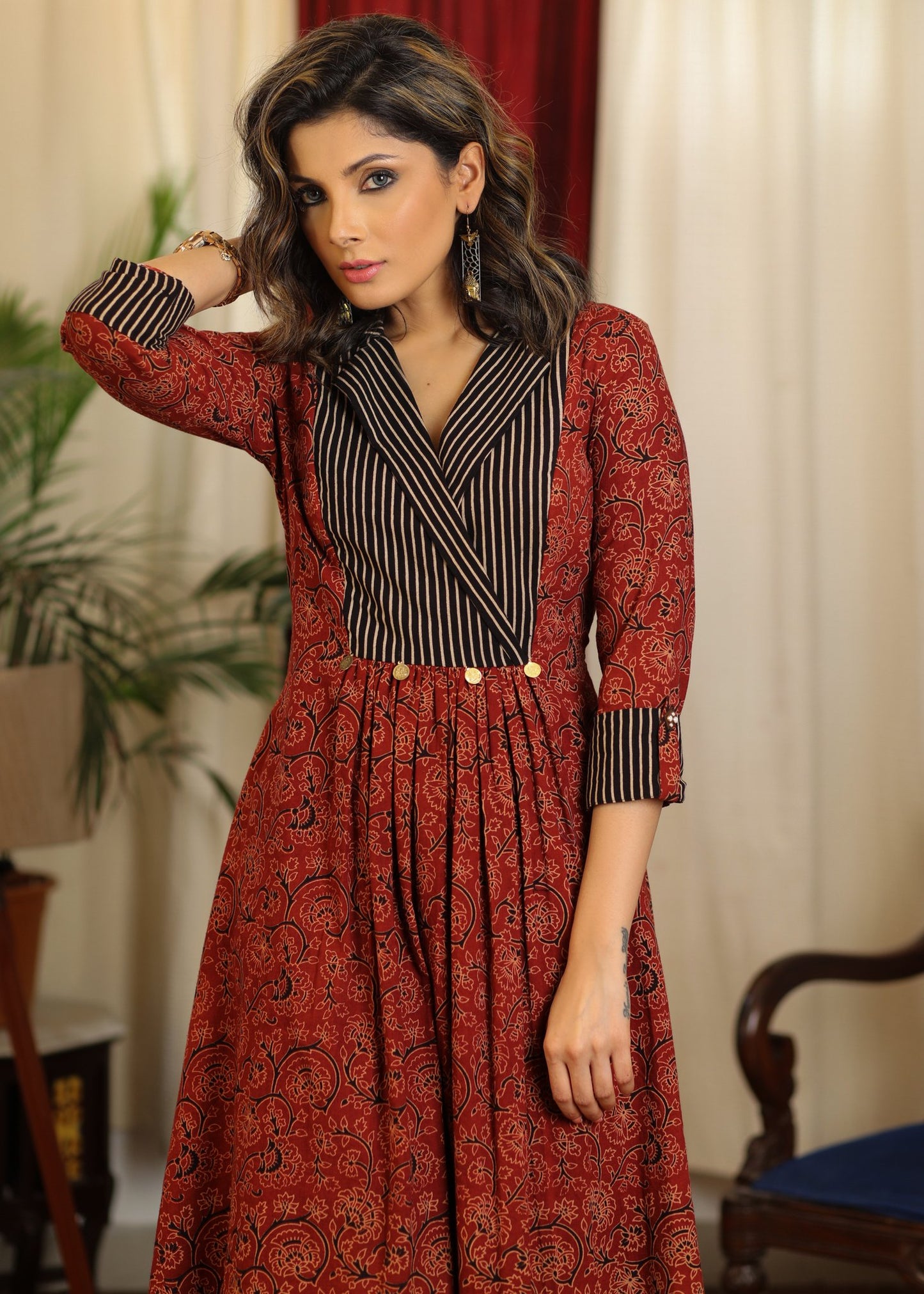 Maroon ajrakh with stripes combination collared dress with coin embellishment