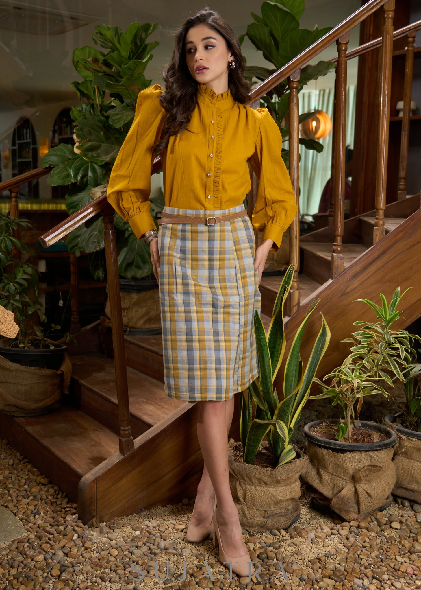 Elegant mustard & grey cotton plaid skirt with short side slit - Shirt Optional