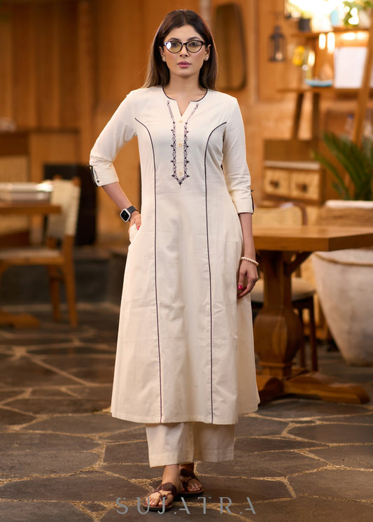 Classy Off-white hand painted cotton kurta Pant optional