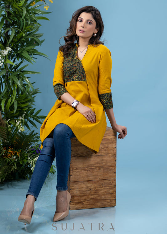 Exclusive mustard cotton tunic with contrast ajrakh combination