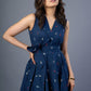 Smart Navy Blue Cotton Sleeveless Overlap Dress