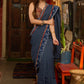 Stylish midnight blue cotton saree highlighted with indigo and kalamkari borders