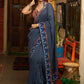 Stylish midnight blue cotton saree highlighted with indigo and kalamkari borders