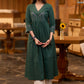 Classy forest green cotton pleated kurta with embroidered yoke - Pant optional