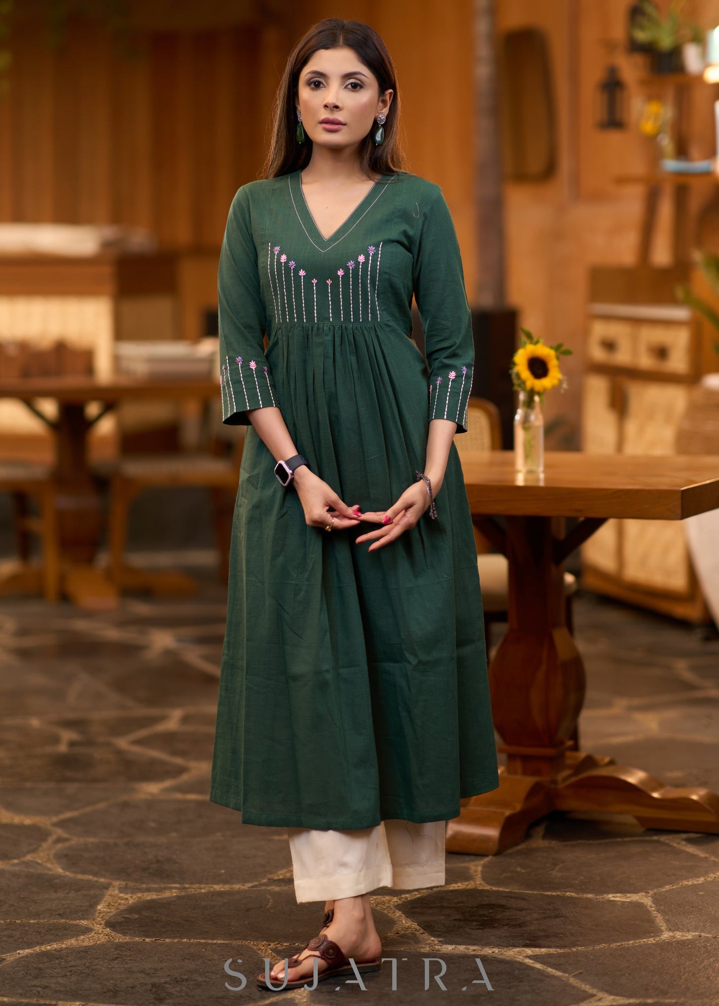 Classy forest green cotton pleated kurta with embroidered yoke - Pant optional