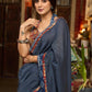 Stylish midnight blue cotton saree highlighted with indigo and kalamkari borders