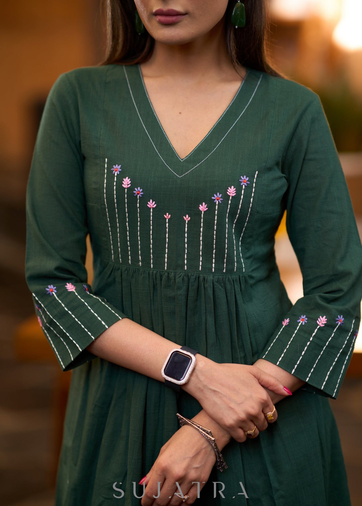 Classy forest green cotton pleated kurta with embroidered yoke - Pant optional