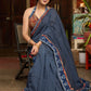 Stylish midnight blue cotton saree highlighted with indigo and kalamkari borders