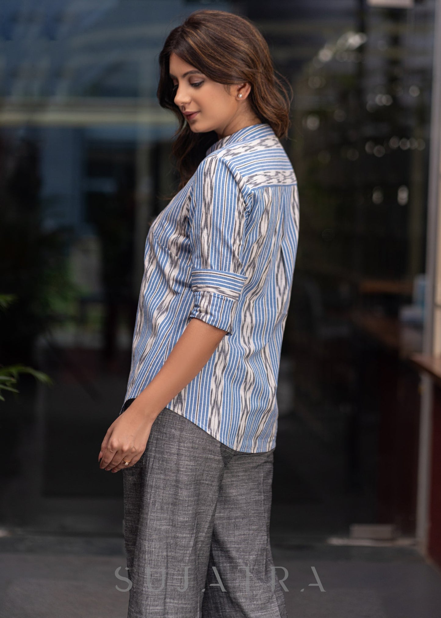 Smart Blue ikat Cotton Mandarin Collared Shirt with Wooden Buttons