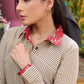 Classic cotton beige striped shirt with red floral print on collar & cuffs - Skirt Optional