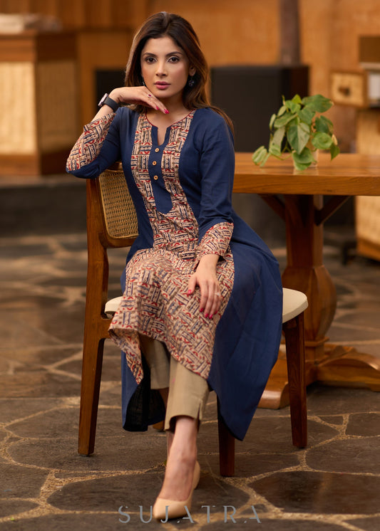 Trendy navy blue Princess cut kurta with beautiful prints - Pant optional