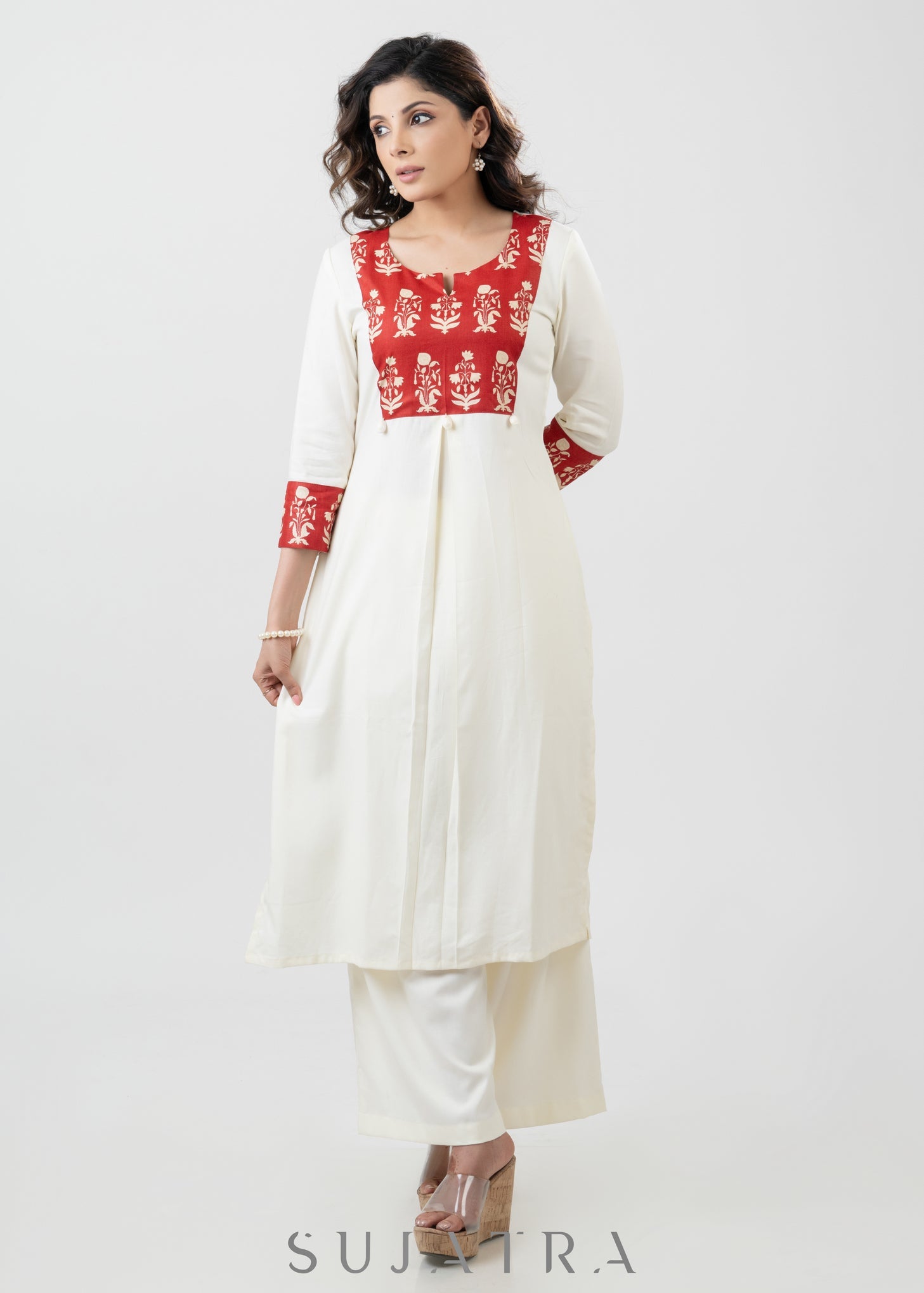 Flowy White Rayon Kurta With Printed Yoke - Palazzo Optional