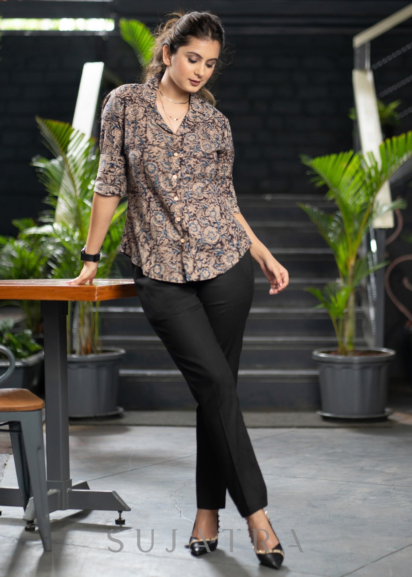 Trendy Kalamkari Print Cotton Collared Shirt with Wooden Buttons