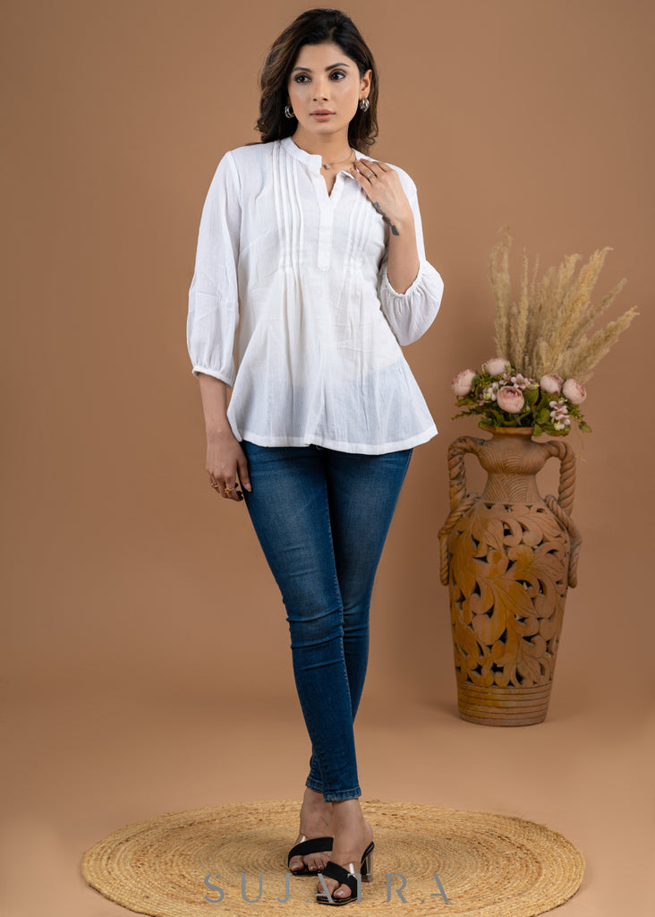 Smart White Cotton Rayon Top