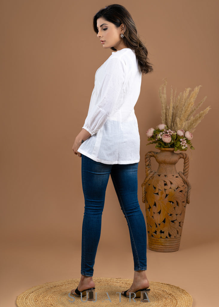 Smart White Cotton Rayon Top