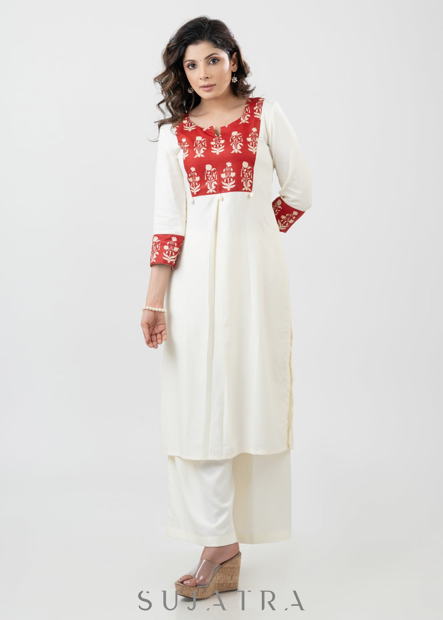 Flowy White Rayon Kurta With Printed Yoke - Palazzo Optional