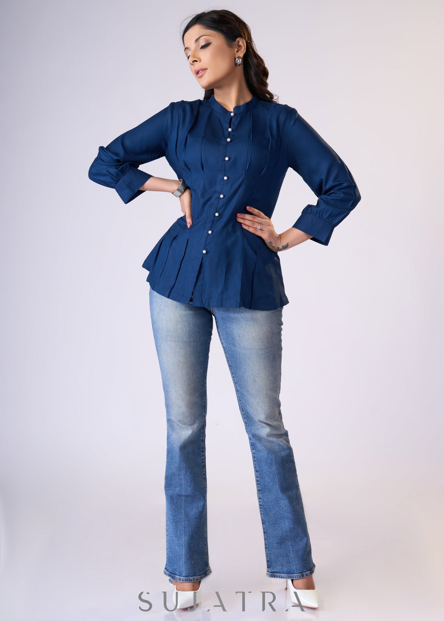 Flowy Navy blue rayon front tucks top with pearl buttons