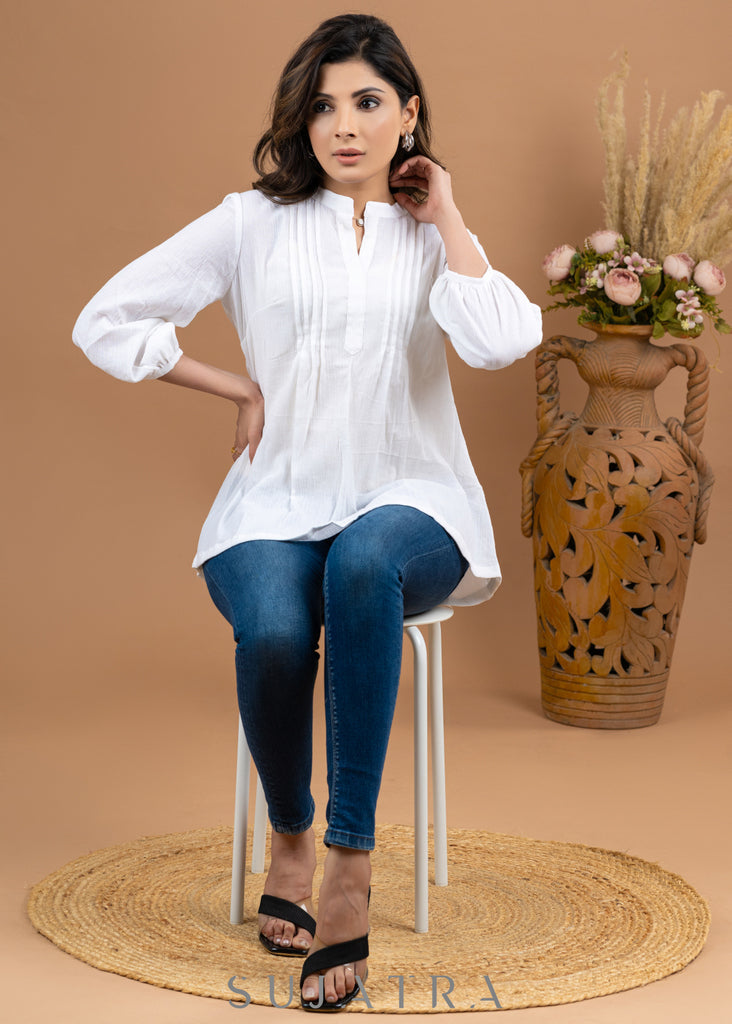 Smart White Cotton Rayon Top