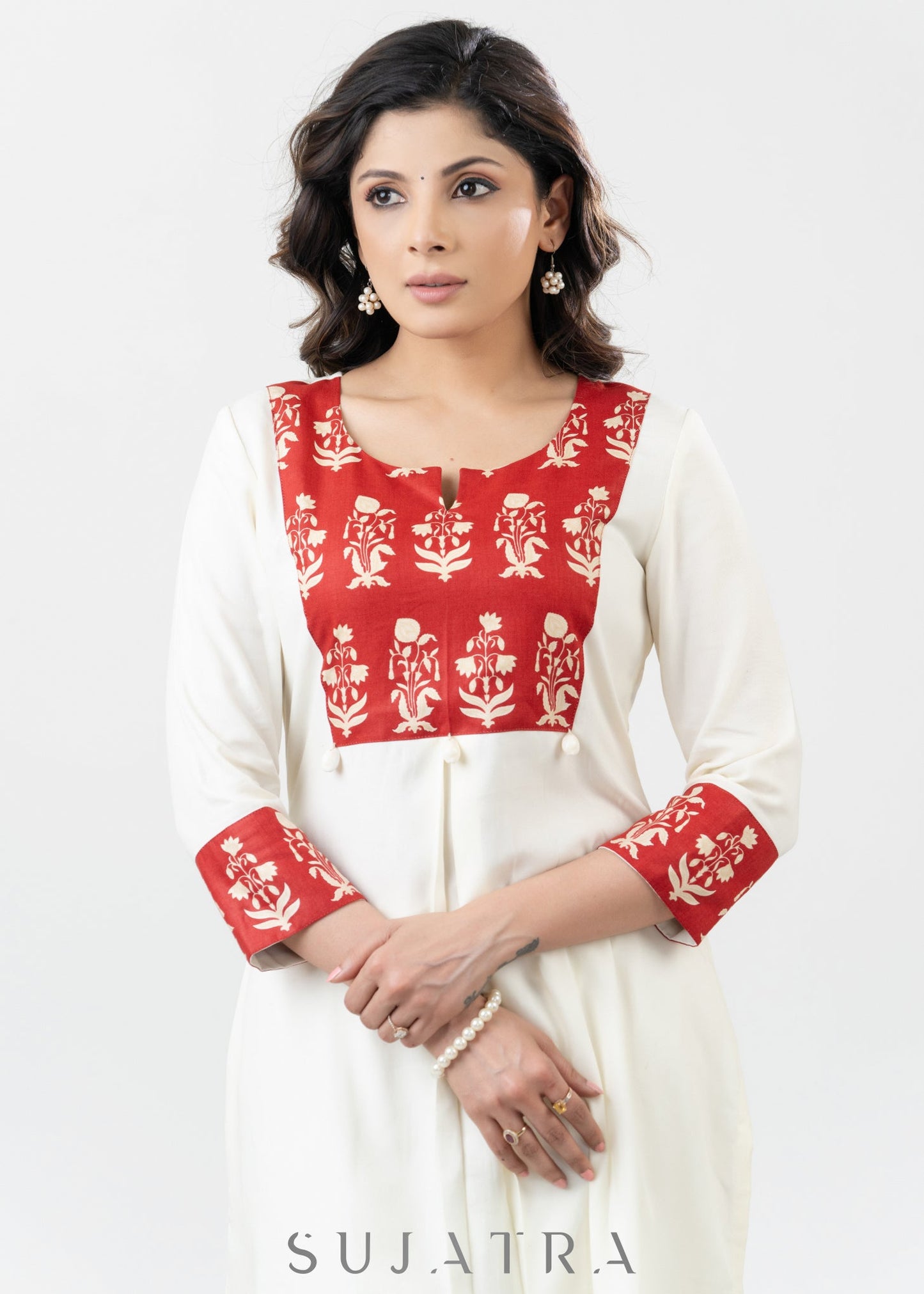 Flowy White Rayon Kurta With Printed Yoke - Palazzo Optional