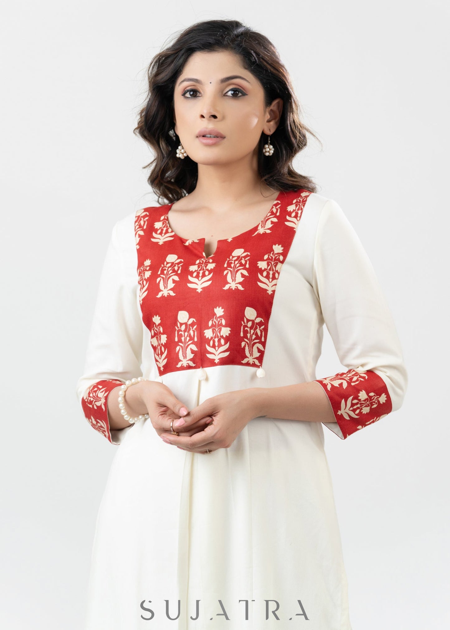 Flowy White Rayon Kurta With Printed Yoke - Palazzo Optional