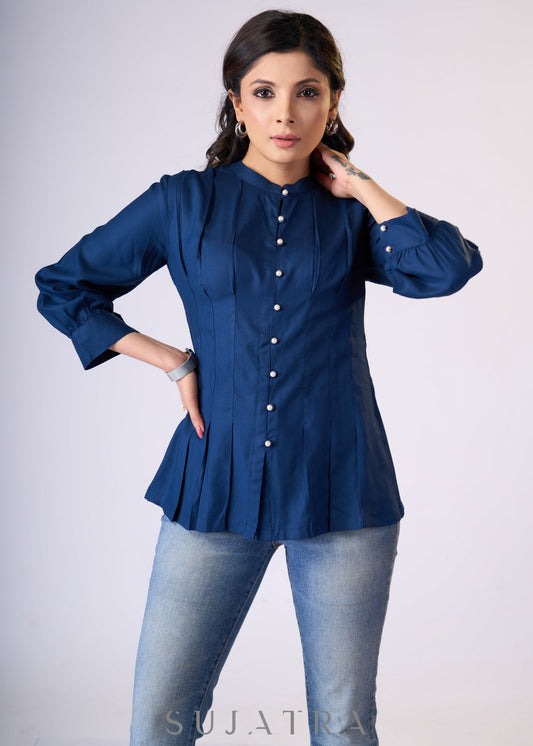 Flowy Navy blue rayon front tucks top with pearl buttons