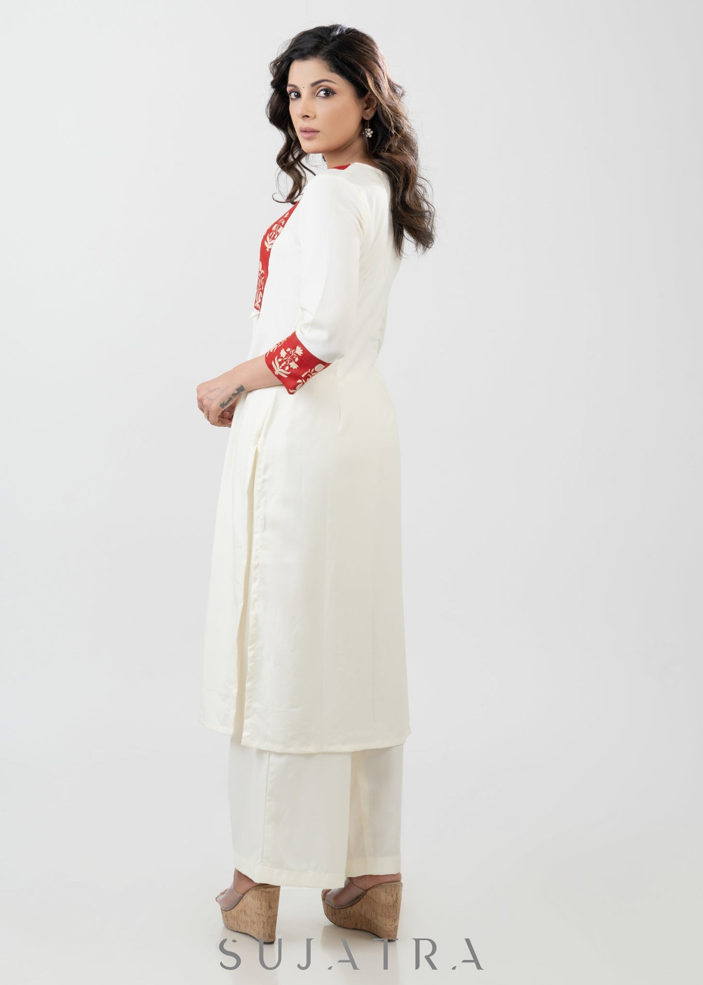 Flowy White Rayon Kurta With Printed Yoke - Palazzo Optional