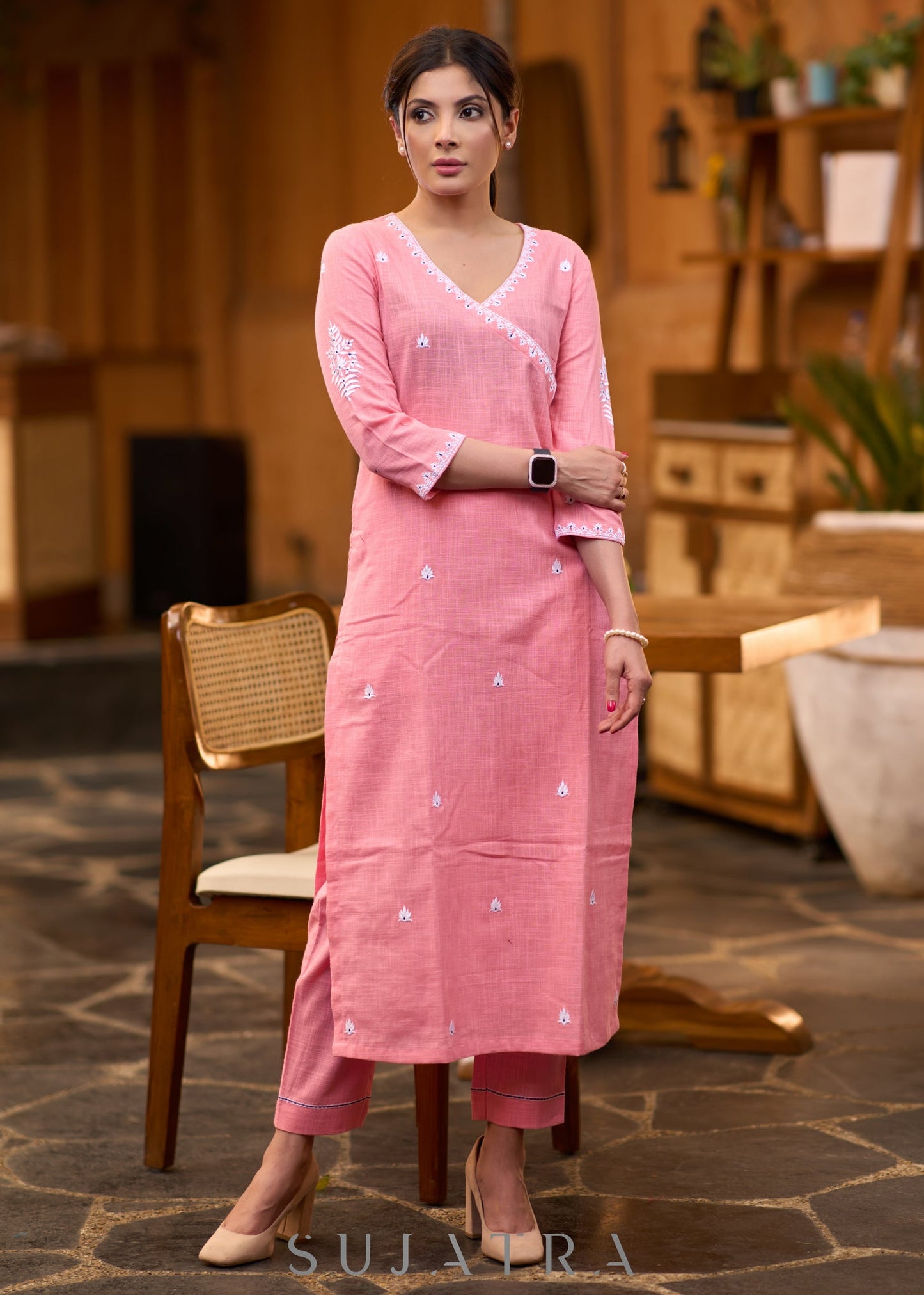 Delicate peach full embroidered Cotton kurta Pant optional