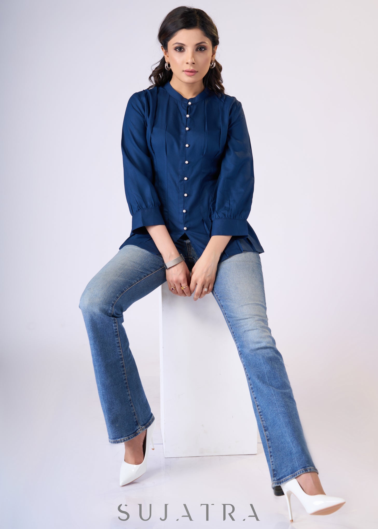 Flowy Navy blue rayon front tucks top with pearl buttons