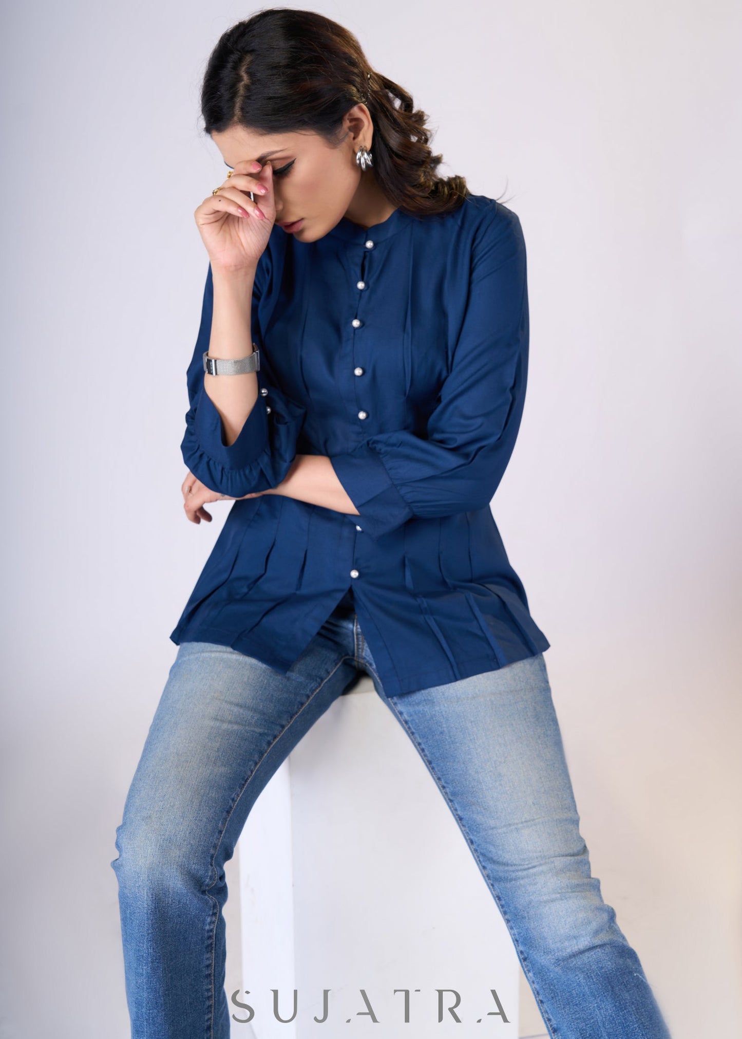 Flowy Navy blue rayon front tucks top with pearl buttons