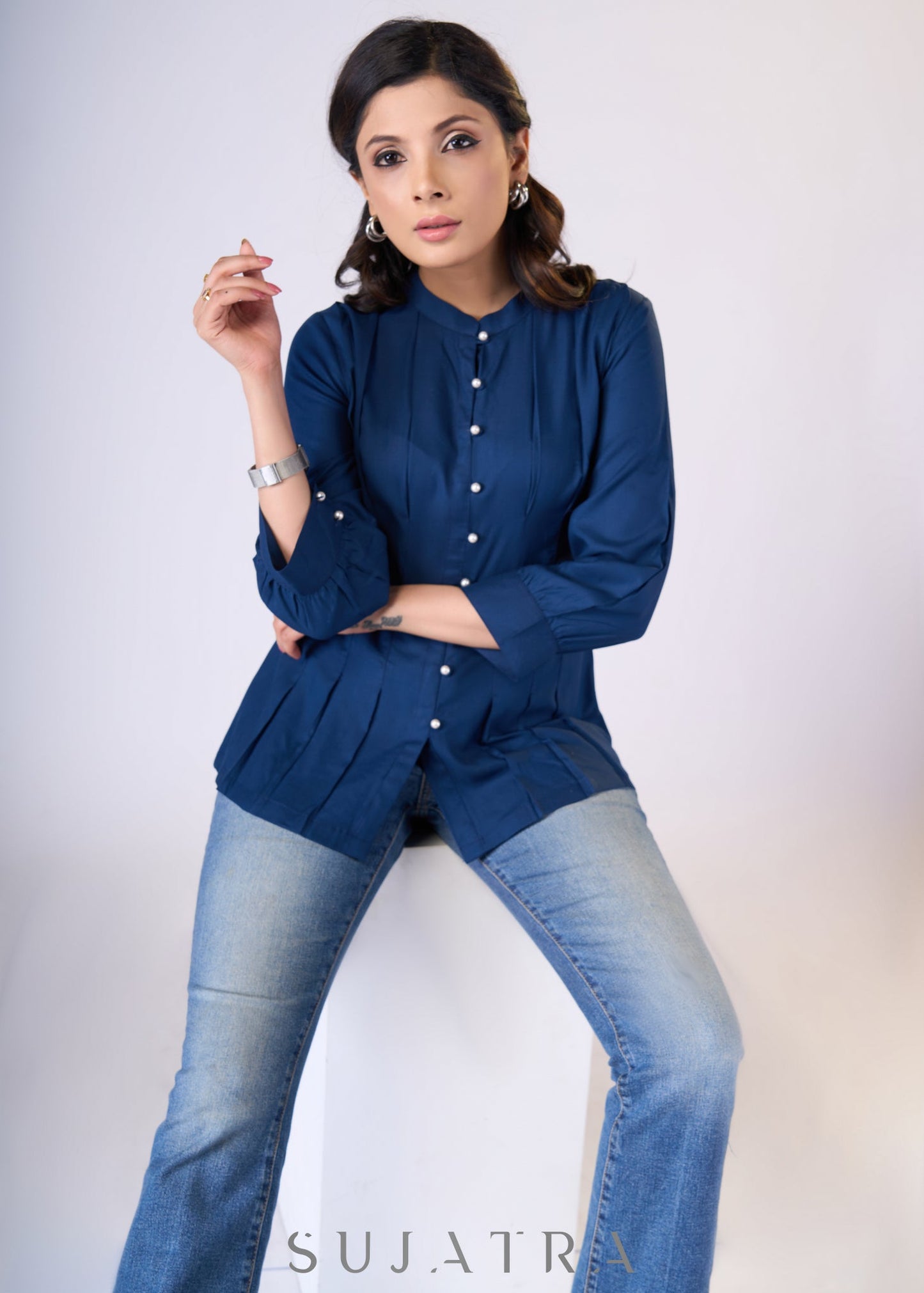 Flowy Navy blue rayon front tucks top with pearl buttons