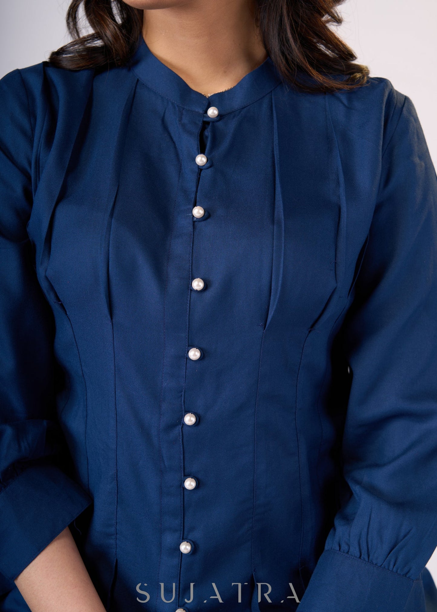 Flowy Navy blue rayon front tucks top with pearl buttons