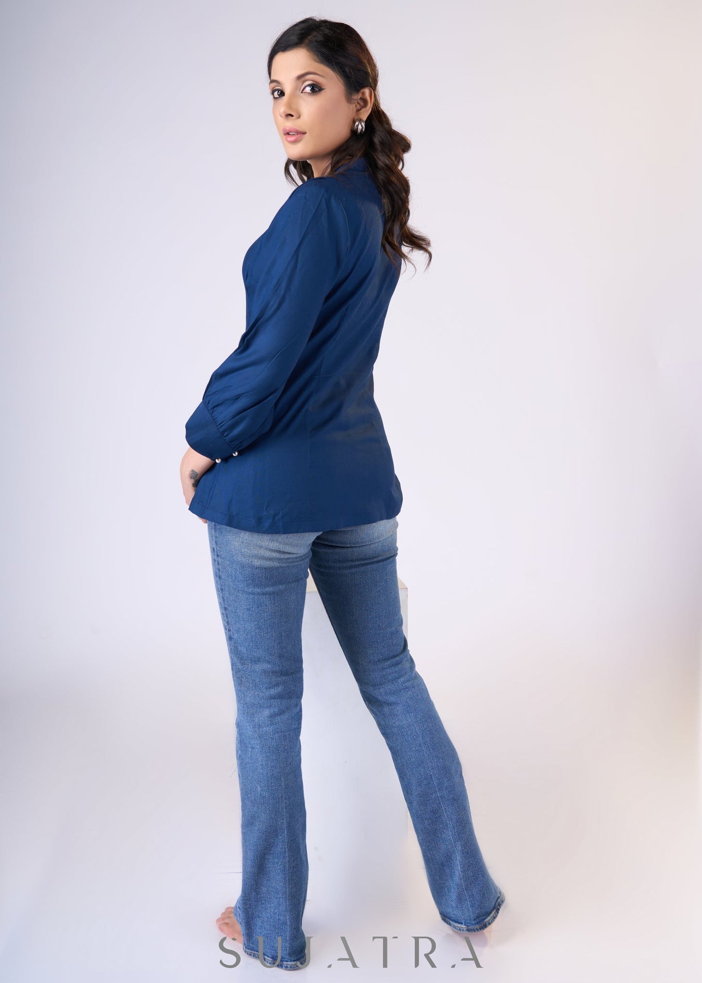 Flowy Navy blue rayon front tucks top with pearl buttons