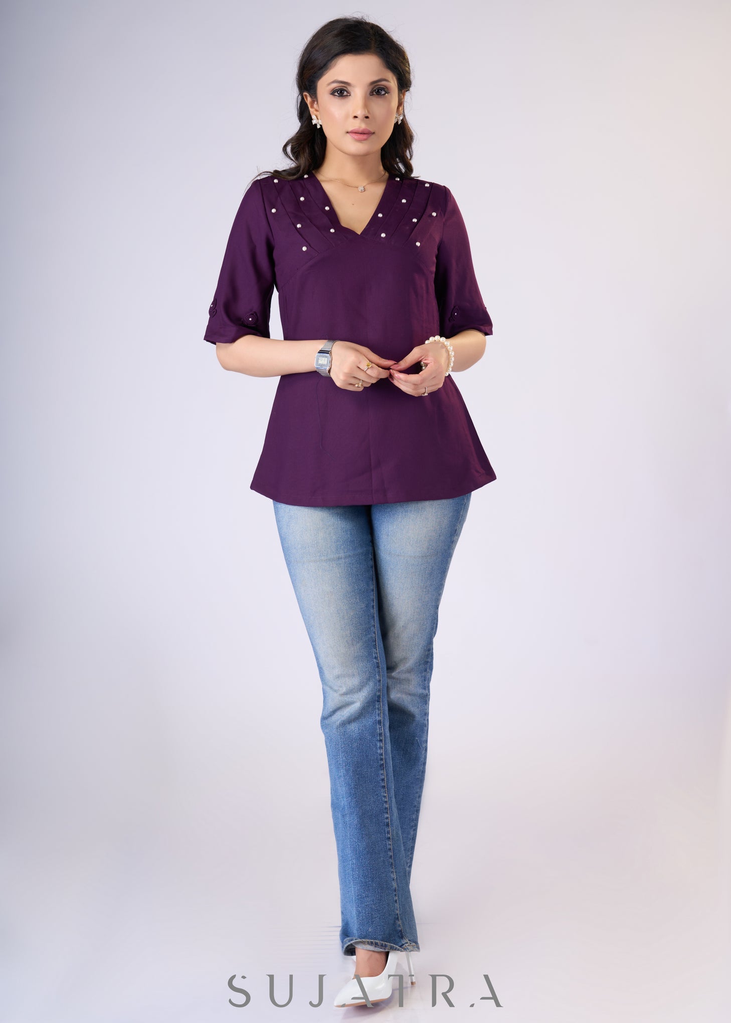 Flowy Purple rayon top with pleates & pearls on yoke