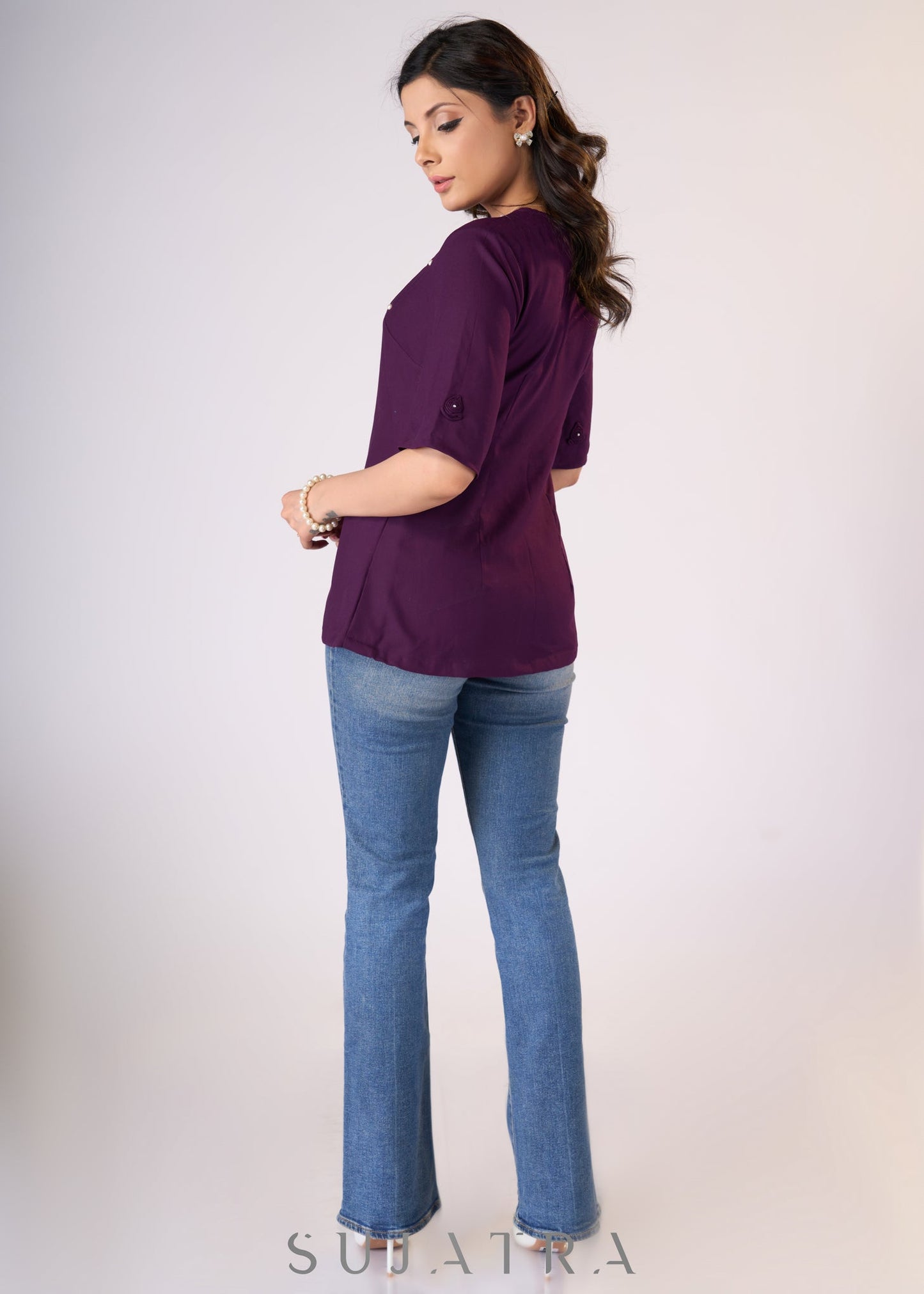 Flowy Purple rayon top with pleates & pearls on yoke