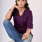 Flowy Purple rayon top with pleates & pearls on yoke