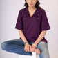 Flowy Purple rayon top with pleates & pearls on yoke