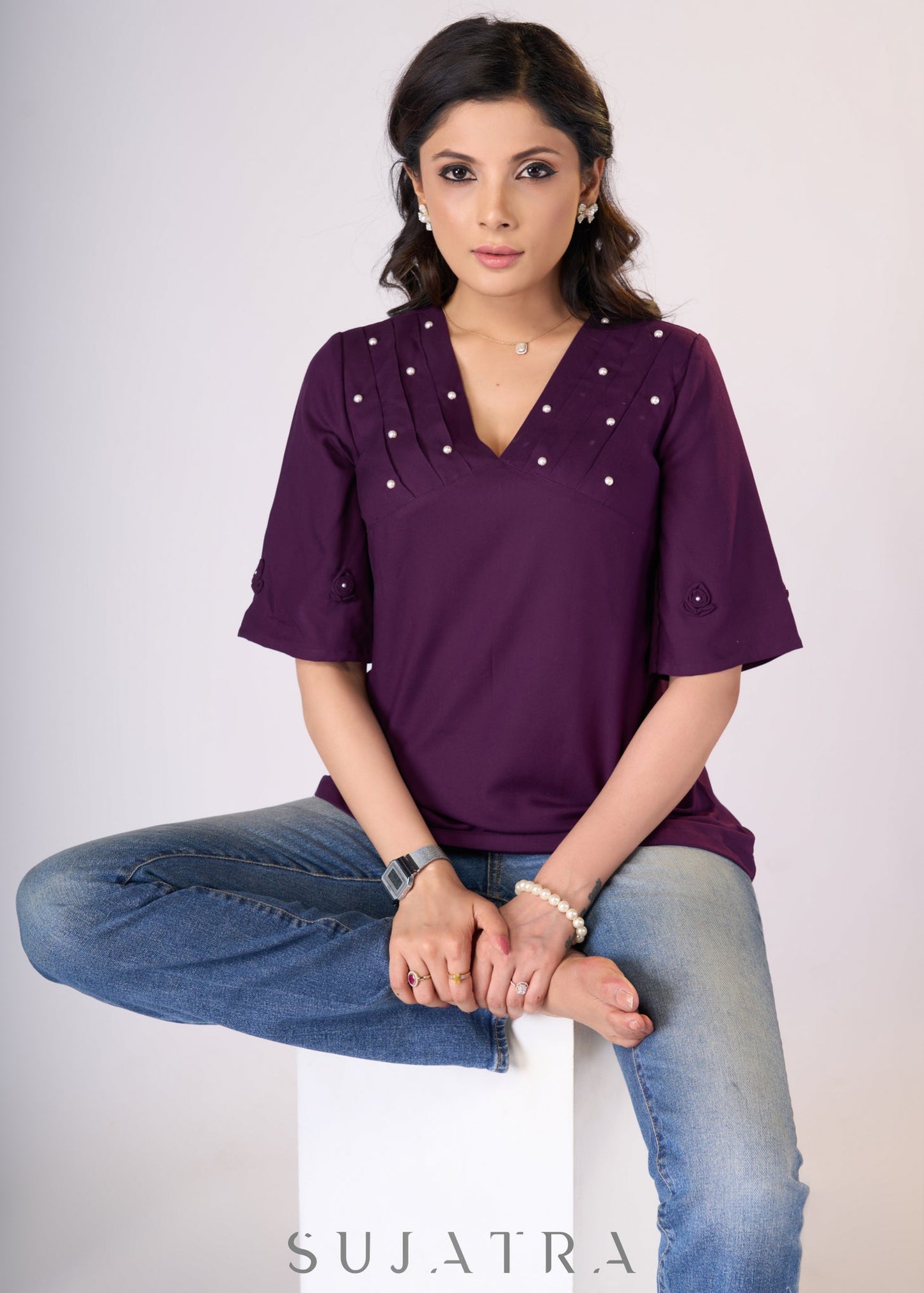 Flowy Purple rayon top with pleates & pearls on yoke