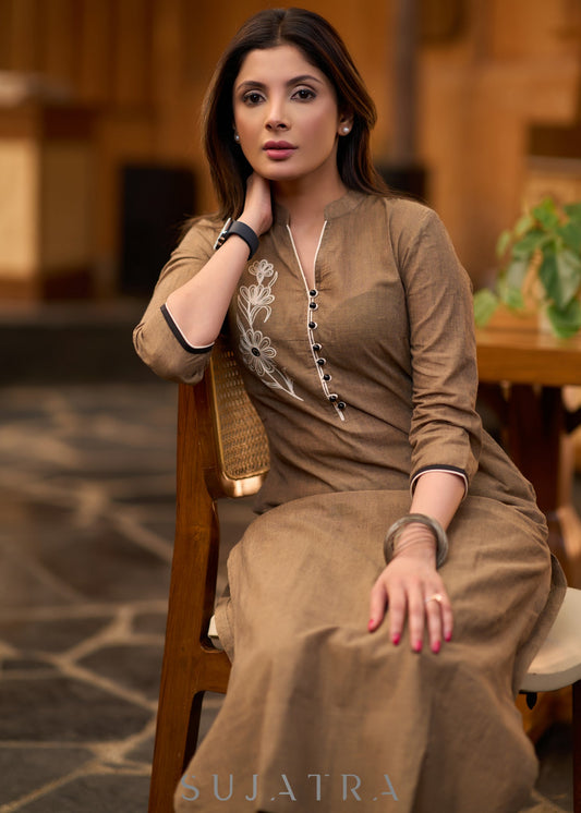 Elegant dark beige cotton kurta with embroiderd motif on one side Pant optional