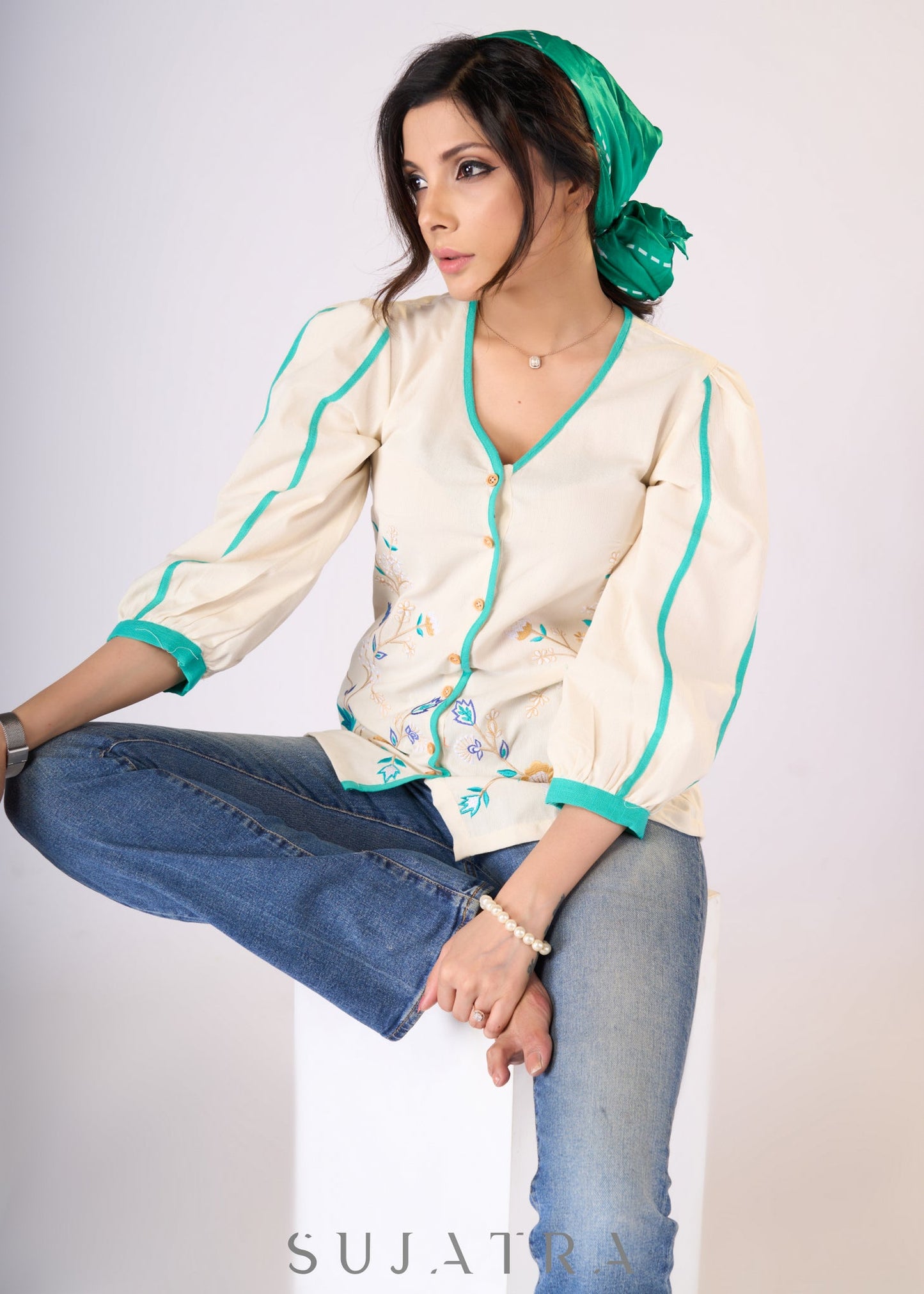 Elegant Off-white cotton top with contrast embroidery