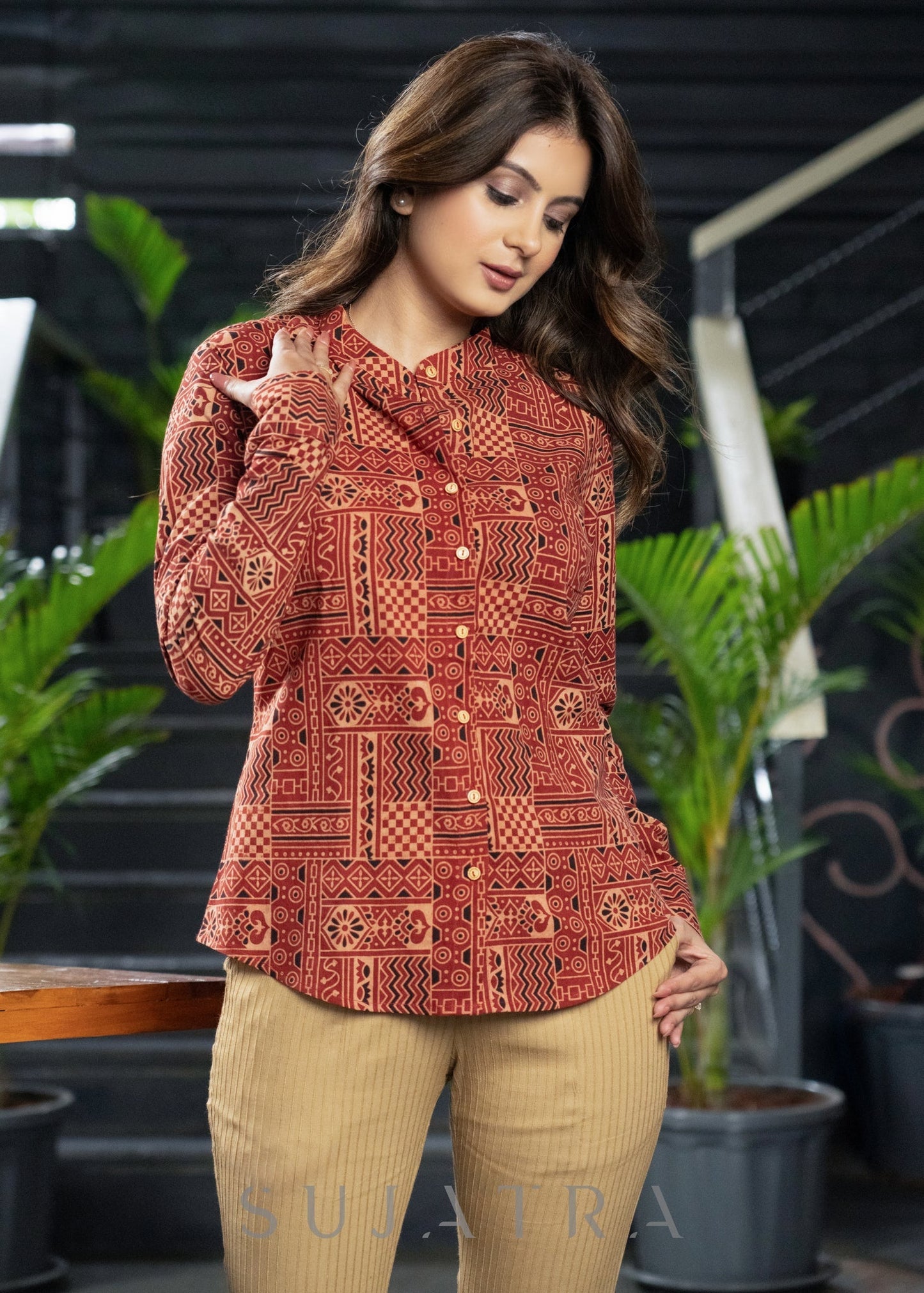 Stylish Maroon Ajrakh Cotton Mandarin Shirt with Wooden Buttons