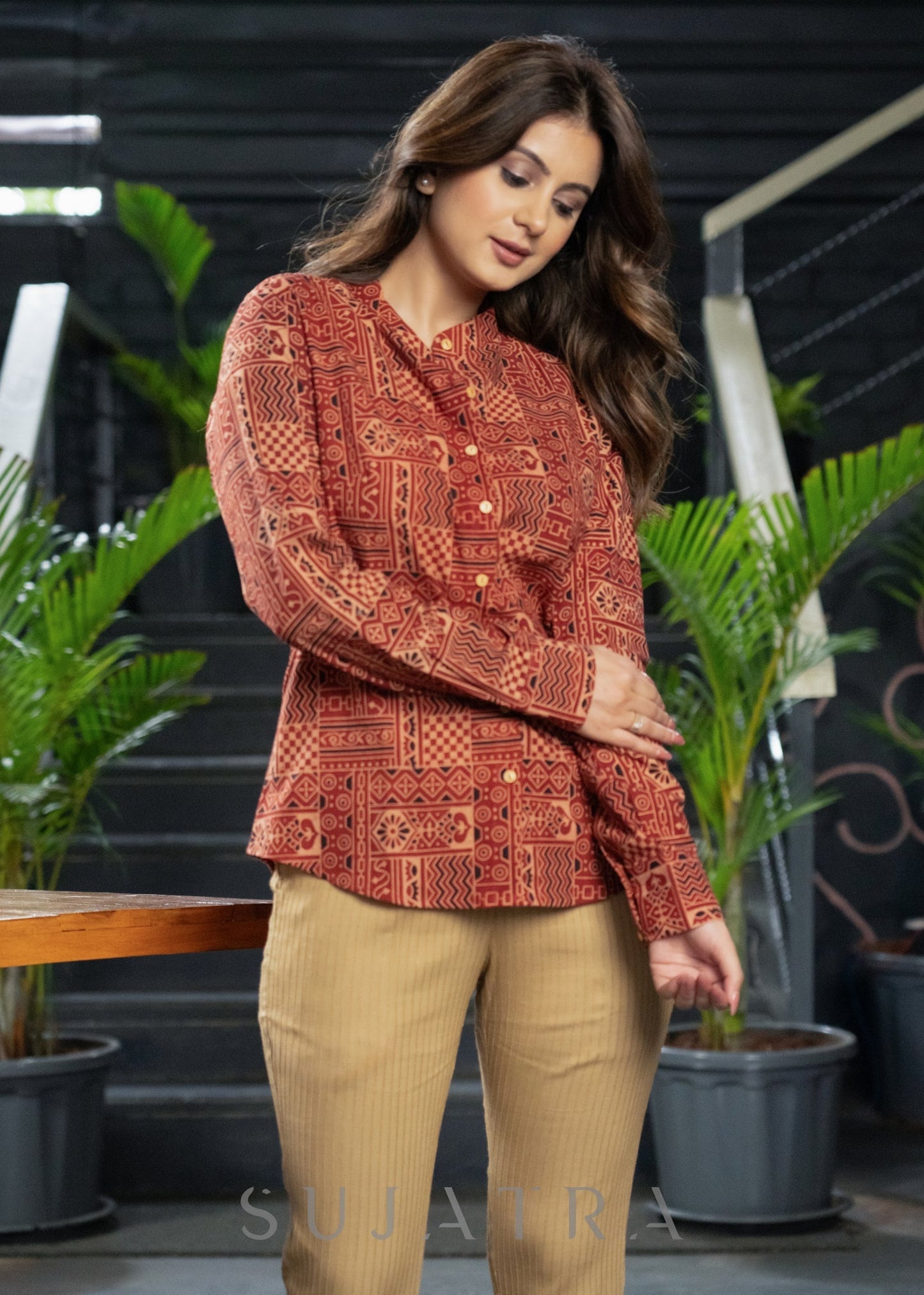 Stylish Maroon Ajrakh Cotton Mandarin Shirt with Wooden Buttons